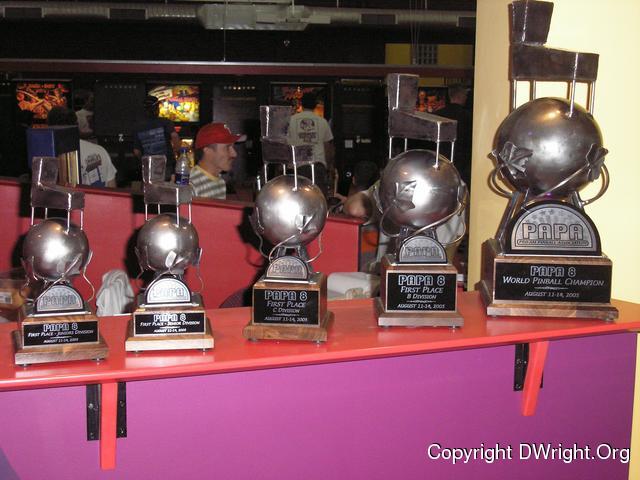 First place pinball trophys for each division.